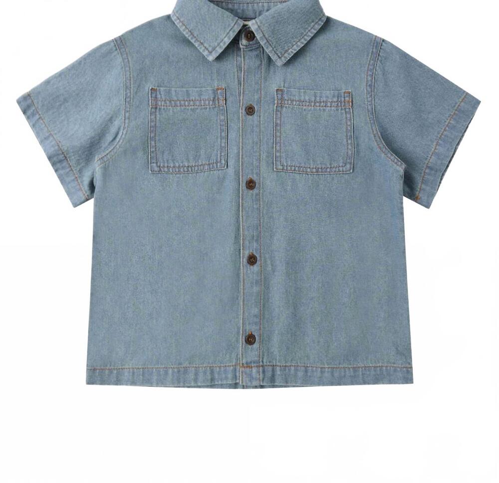 NEW RYLEE + CRU kid's denim short sleeve overshirt in washed blue